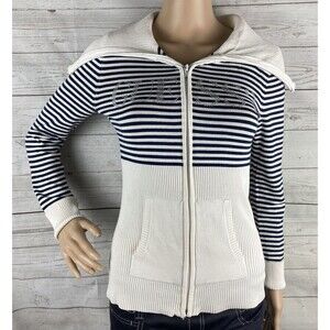 Guess Sweater Jacket Juniors Medium Black White Striped Rhinestone Logo Full Zip